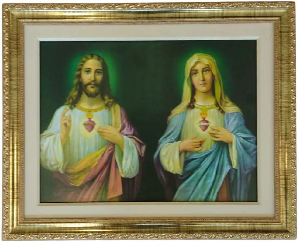 Quadro Religioso Sagrado Coração de Jesus e Maria Verde 50cm x 40cm